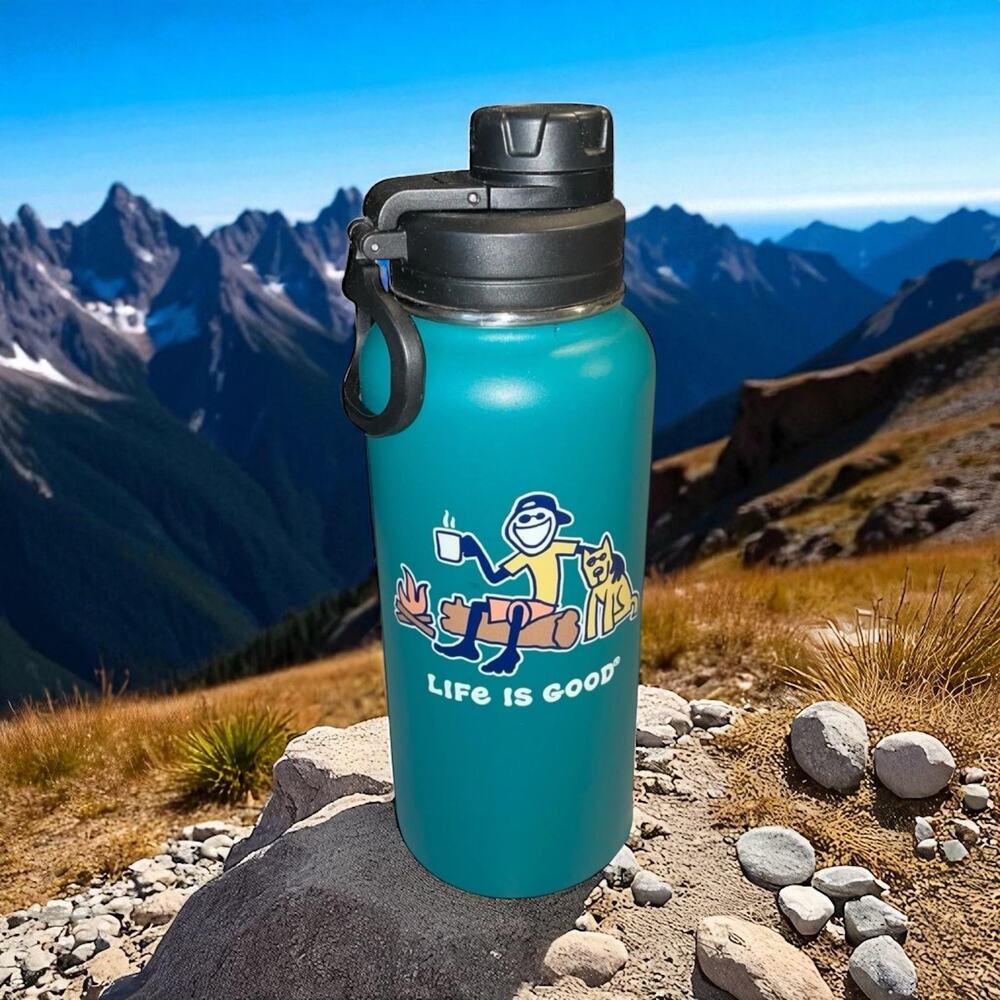 Life Is Good 32oz Stainless Tumbler Campfire Man Dog Wide Mouth Teal Travel